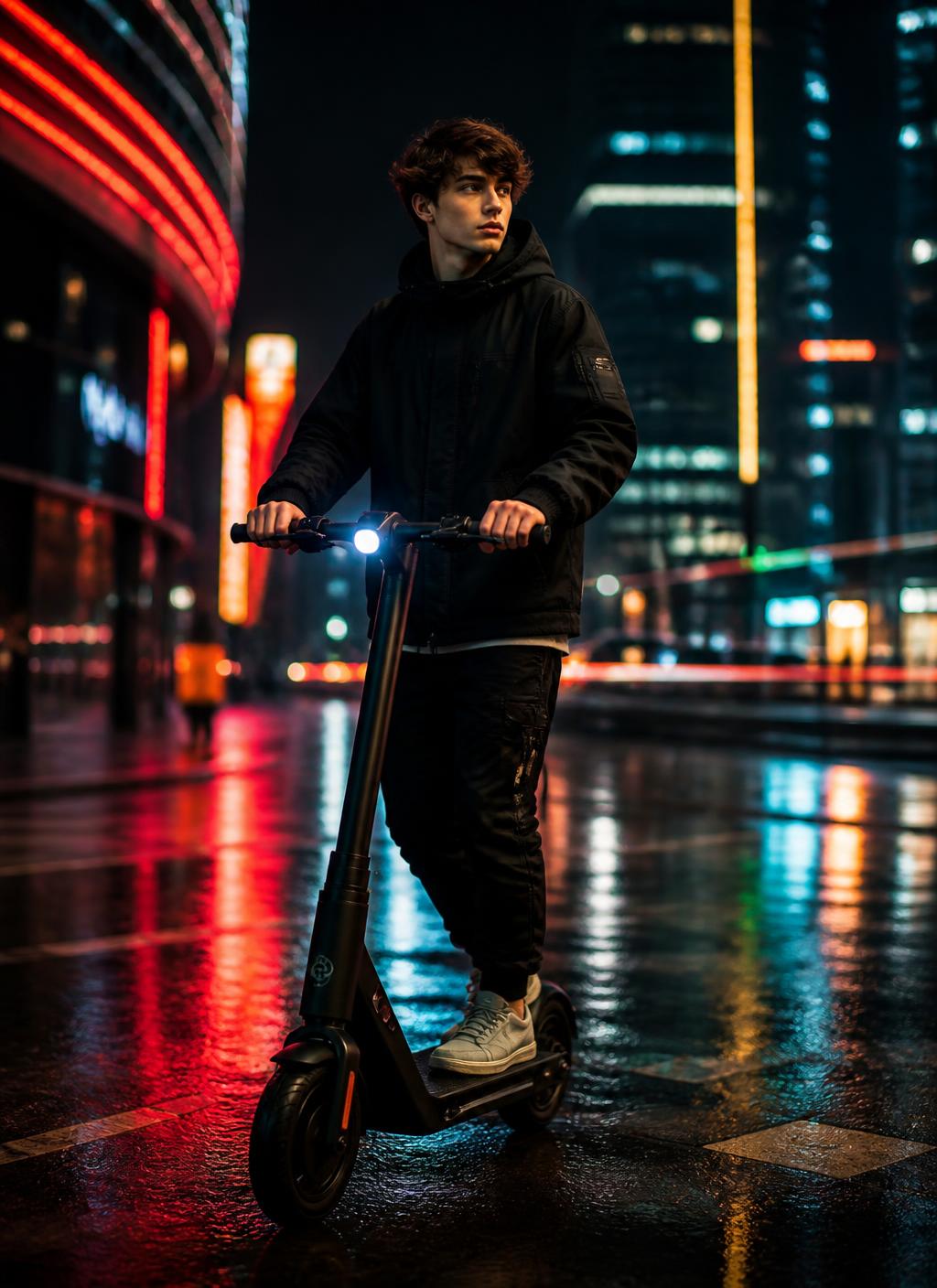 Rider urbano em scooter elétrica à noite